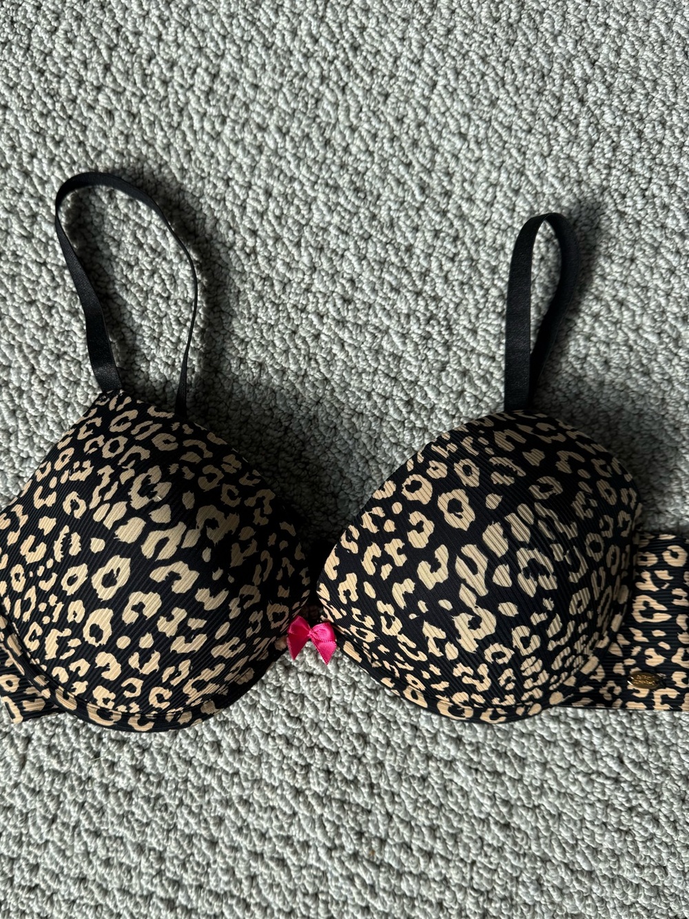Betsey Johnson Black & Tan Leopard Push-Up Bra with Pink Bow
